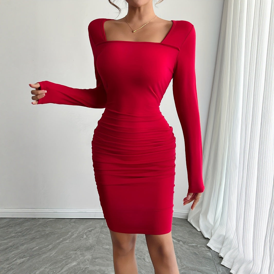 Spring Autumn Red Square Neckline Slim Fit Sheath Dress