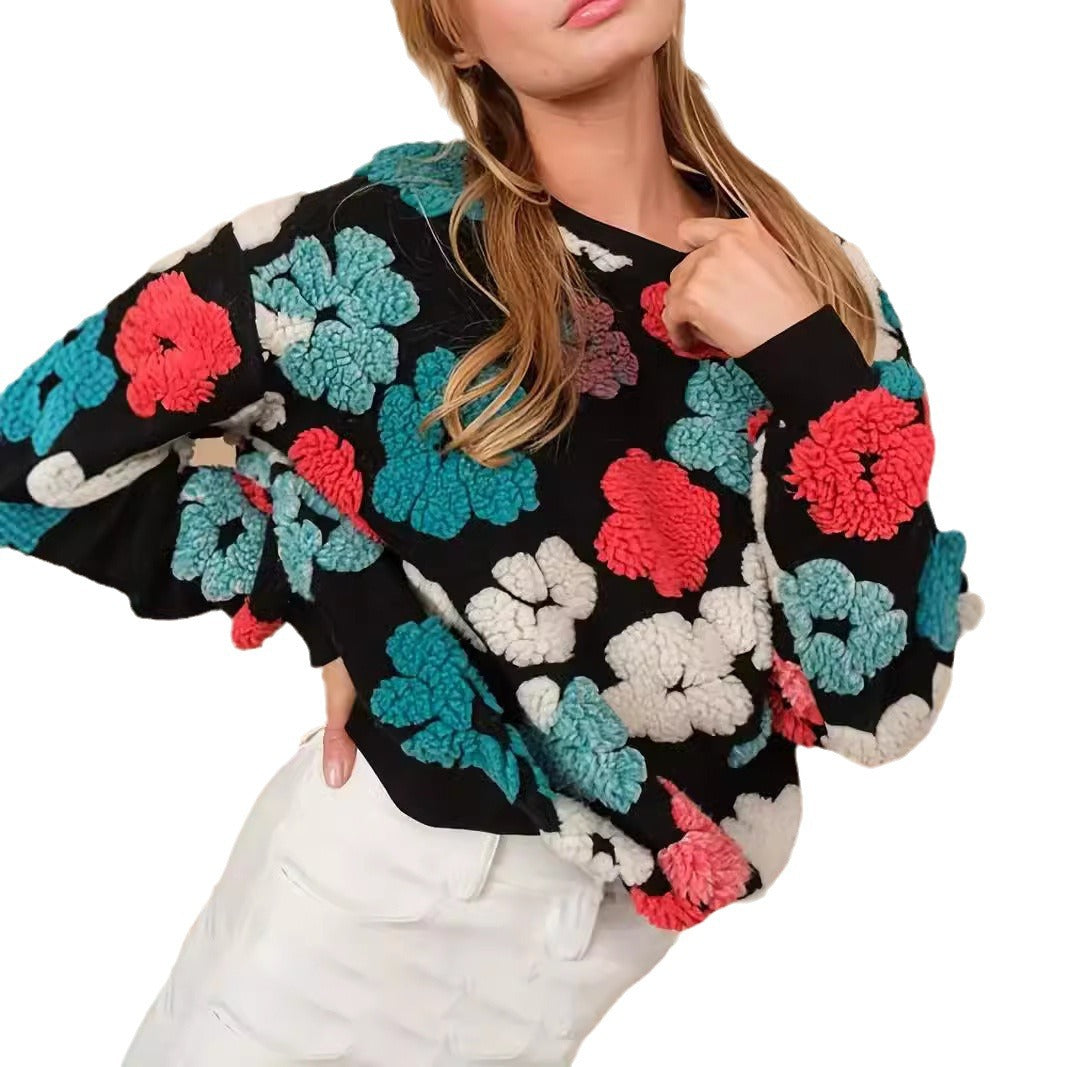Retro tredimensionel blomsterstrikket, løs temperamentsfuld cashmere-sweater