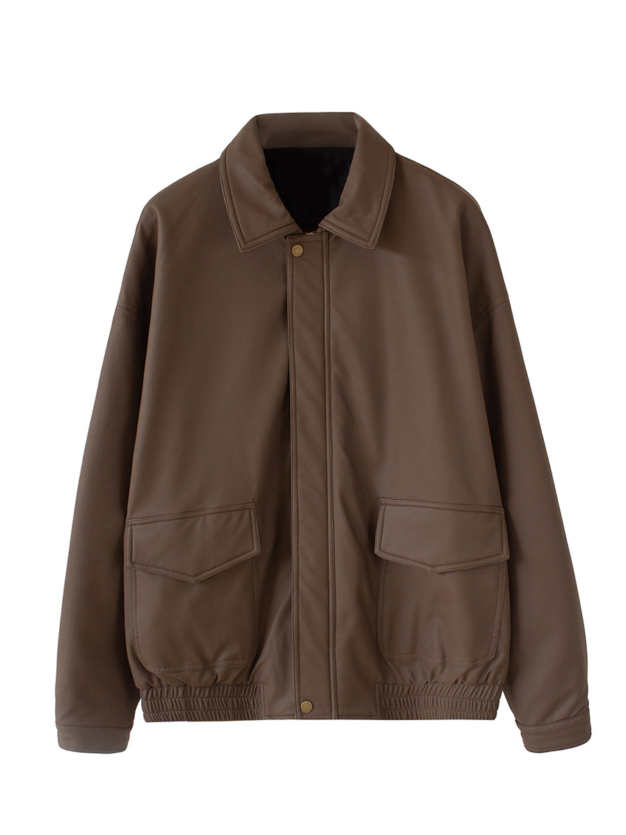 Korean Version Loose Lapel PU Leather Coat