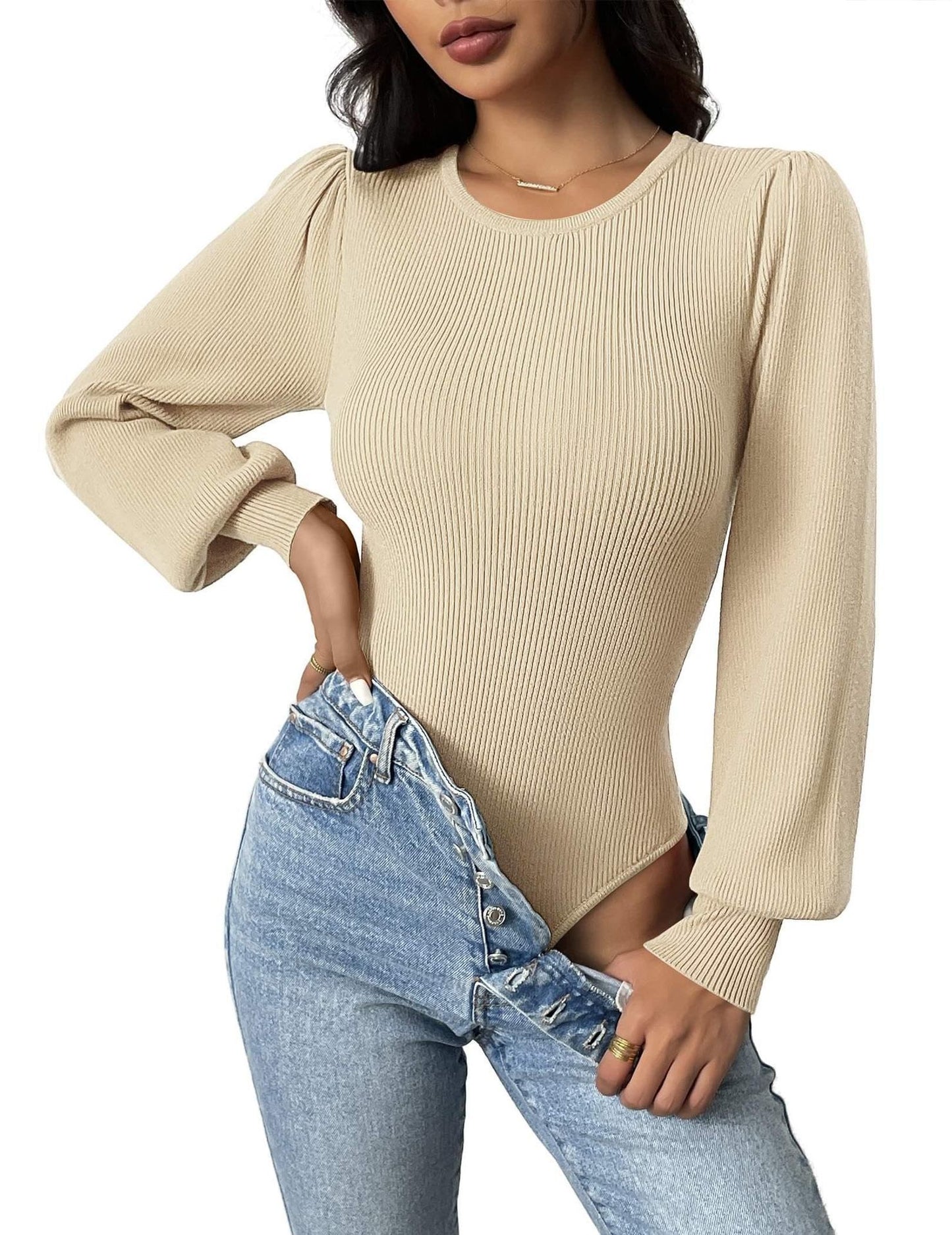 Women's Tight Round Neck Puff Sleeve Jumpsuit