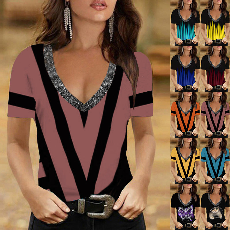 Printed V Neck Short Sleeve Top Summer