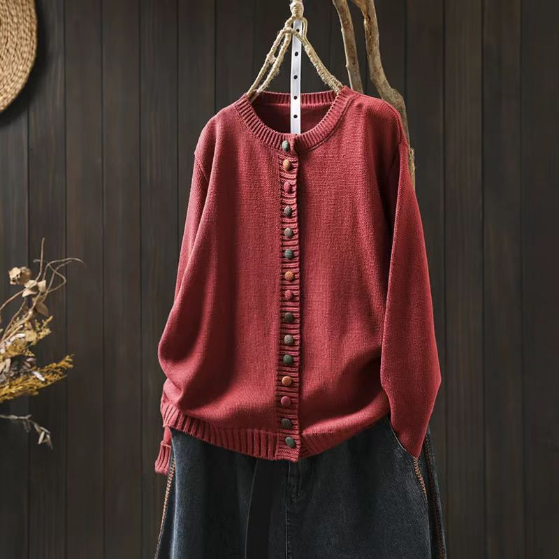 Women's Cotton Knitted Cardigan With Color Buckle Fashion Loose