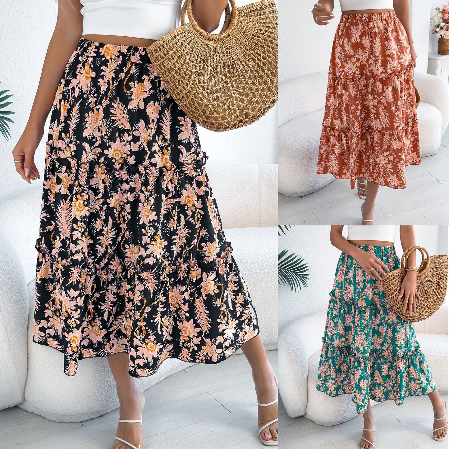 Ladies' Fashion Casual Floral Mid-length Skirt
