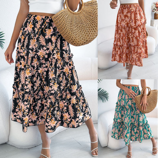 Ladies' Fashion Casual Floral Mid-length Skirt