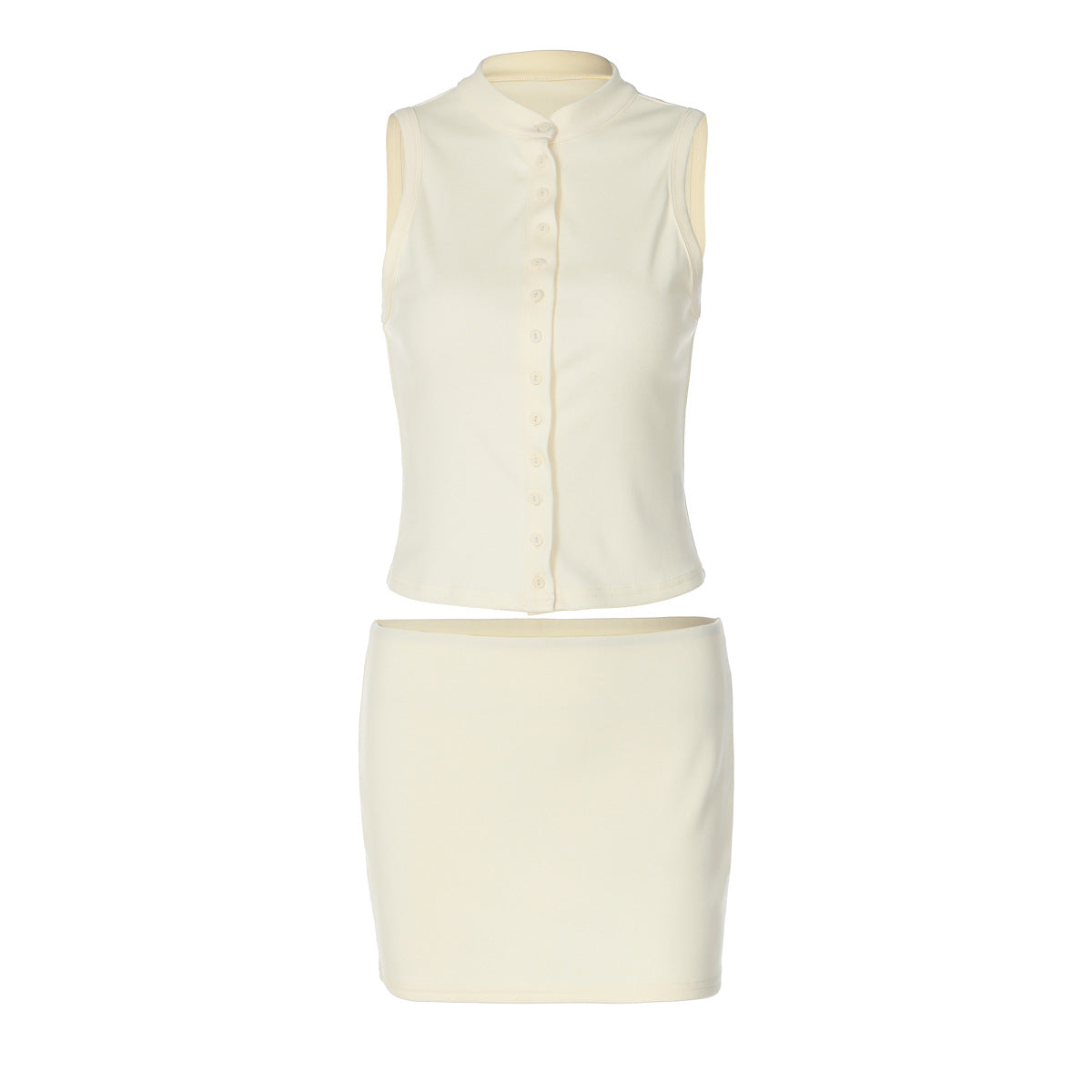 Solid Color Sleeveless Button Up Cardigan And Skirt Set