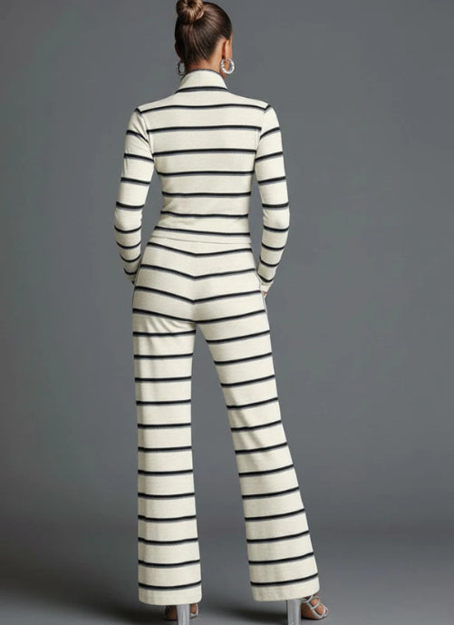 Sporty Retro Off White Striped Knit Zipper Top And Wide Leg Pants Set
