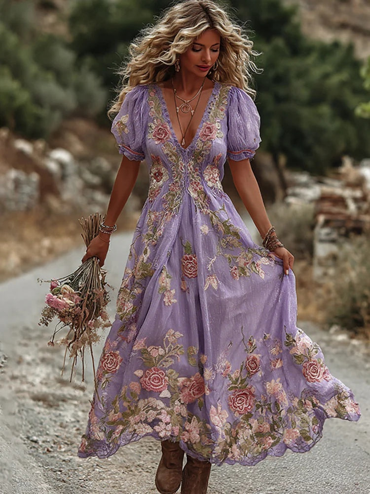 Retro Bohemian Rose Embroidered Linen Loose-Fit Long Dress