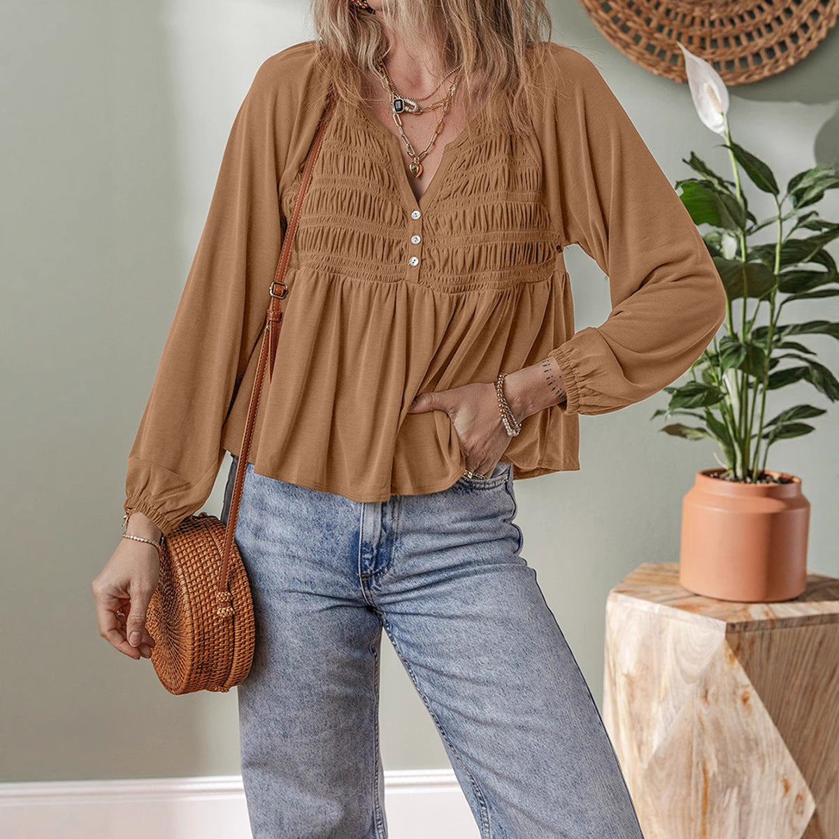 Dame Alsidig Lotusblad Ensfarvet Pullover V-hals Chiffon Skjorte