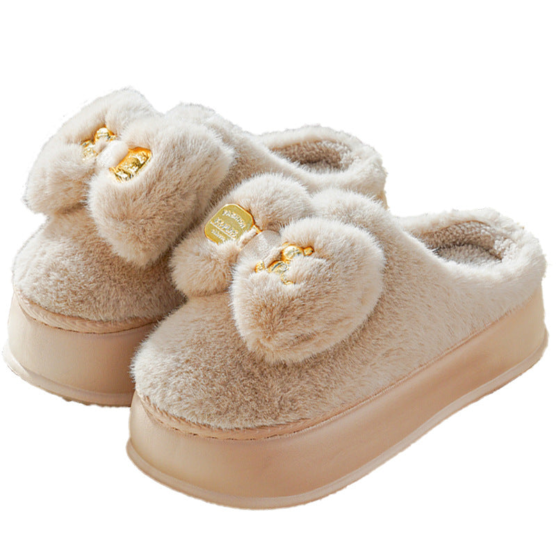 Thick-soled Cotton Slippers Women's Winter Bowknot Plush
