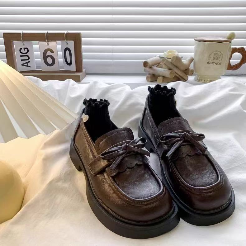 Bow Tie Black Chunky Soled Slip On Leather Shoes