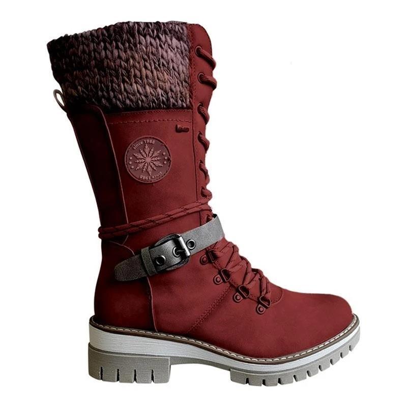 Round-toe Square-heel Leather-buckle Knit-mesh Dr Martens-style Boots