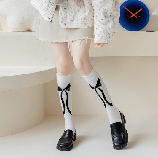 Autumn And Winter Cute Bow Calf Socks Black And White Long Tube Knee Socks