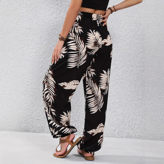 Leaf Pattern Waist Thin Belt Comfortable Casual Pants Trousers