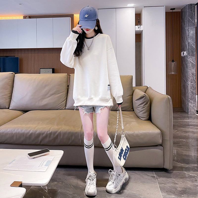 Round-neck With Fleece Lining Thick Fake Two Pieces Long Sleeve Loose Sweatshirt