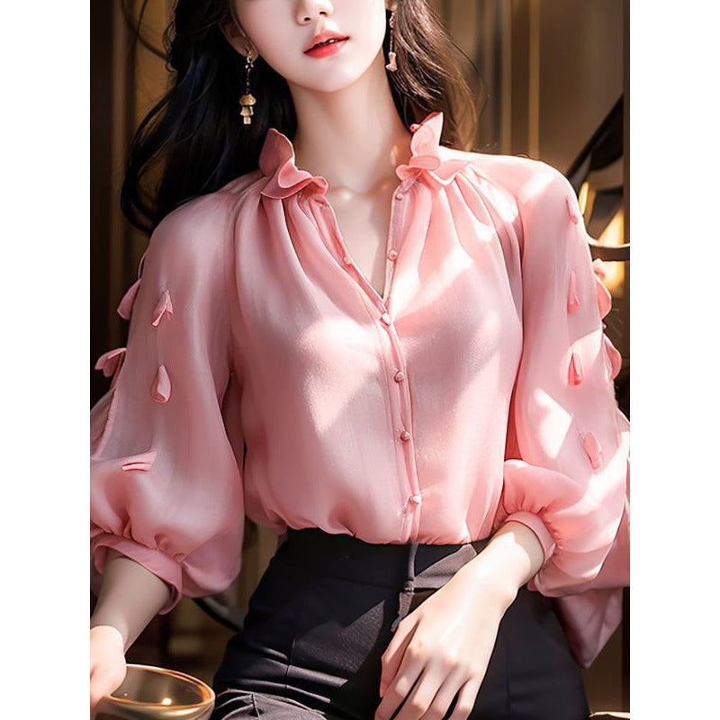 Three-dimensional Petals Solid Color Lantern Sleeve Top Slimming Shirt