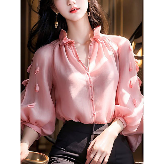 Three-dimensional Petals Solid Color Lantern Sleeve Top Slimming Shirt