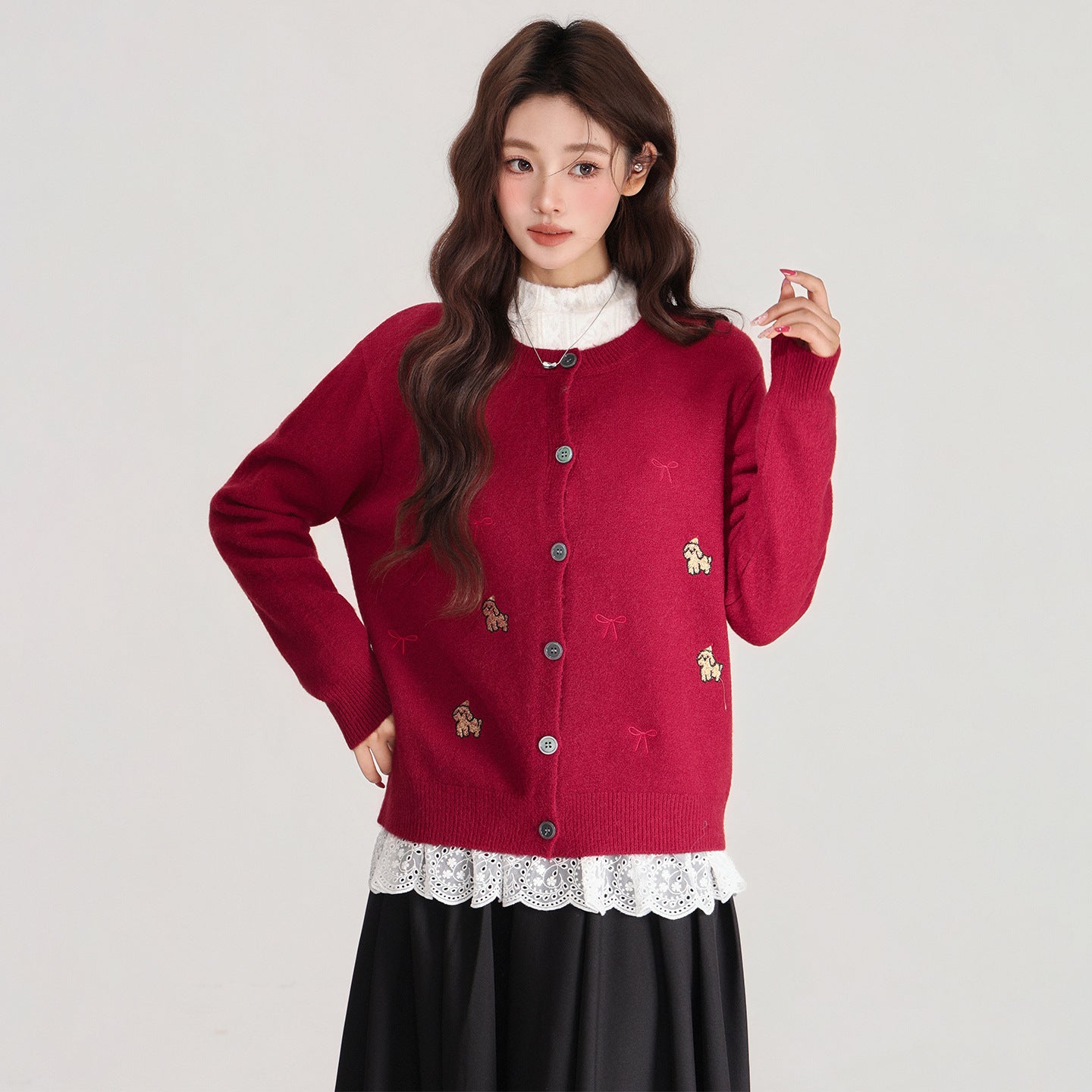Red Embroidered Button Front Long Sleeve Knitted Cardigan Women's Sweater