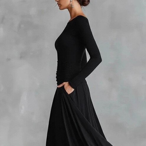 Womens Solid-Color Elegant Waist-Cinching Dress