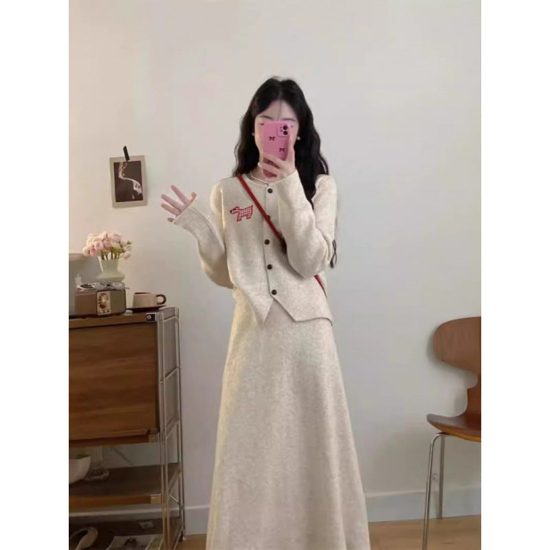 Spring Autumn New Stylish Commuter Slim Knit Cardigan And Long Skirt Two-Piece Set