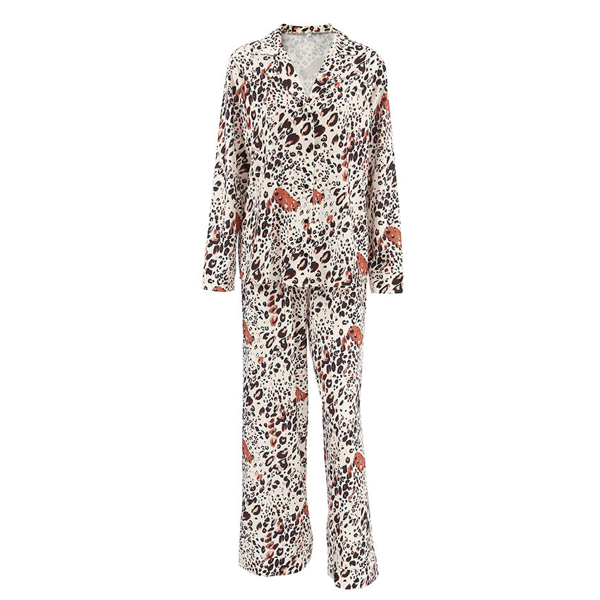 Leopard Print Floral Cardigan Pajamas For Women Long Sleeve Top And Pants For Lounging At Home