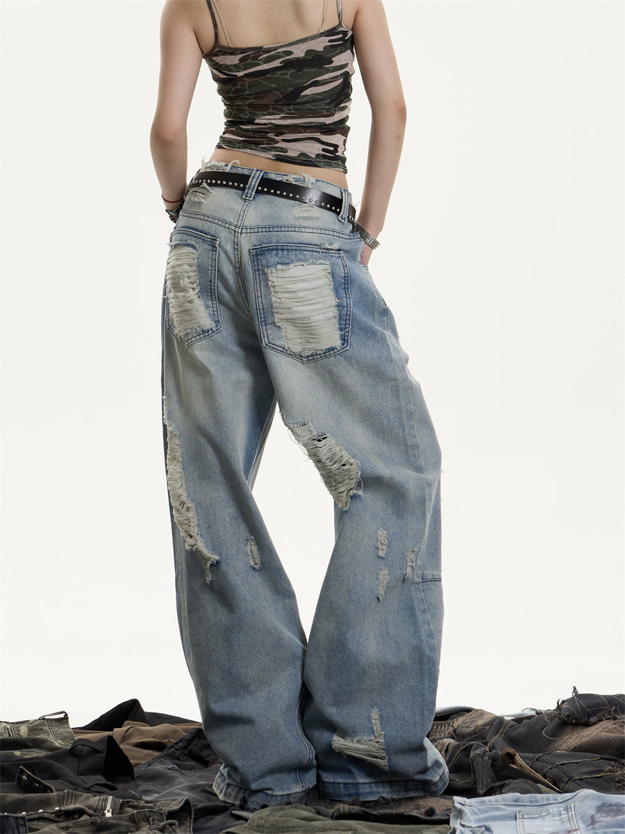 American Retro Washed Make Old Ripped Jeans Women's High Waist Loose Drooping