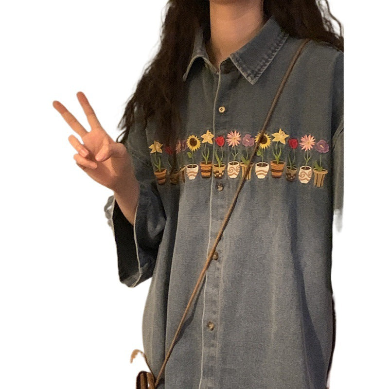 Vintage Embroidered Washed Distressed Short Sleeve Shirt Coat