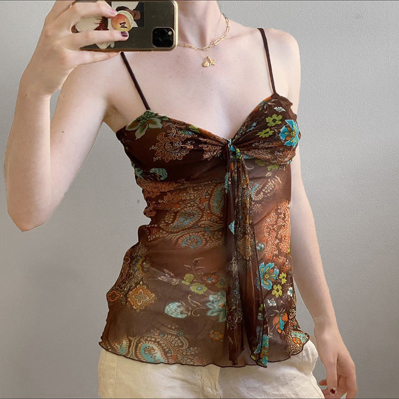 European And American Retro Printing Color Contrast V-neck Small Sling Women's Spring