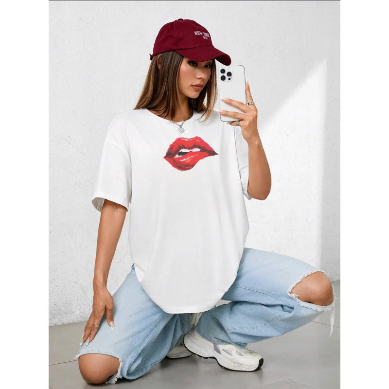 American-style Pure Cotton Short-sleeve Top With A Red Lip Print