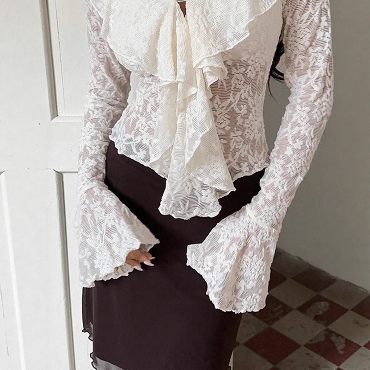 Womens Solid-Color French Style Flared-Sleeve Ruffle-Trim Shirt