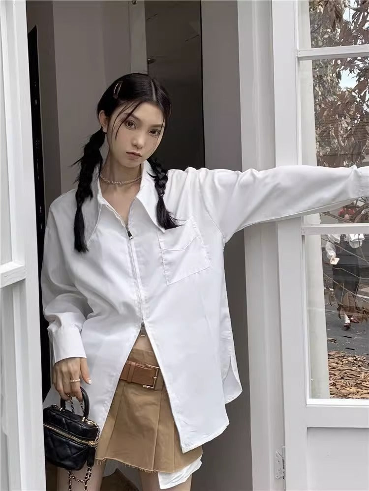 Womens French-zip White Long-sleeve Shirt Top