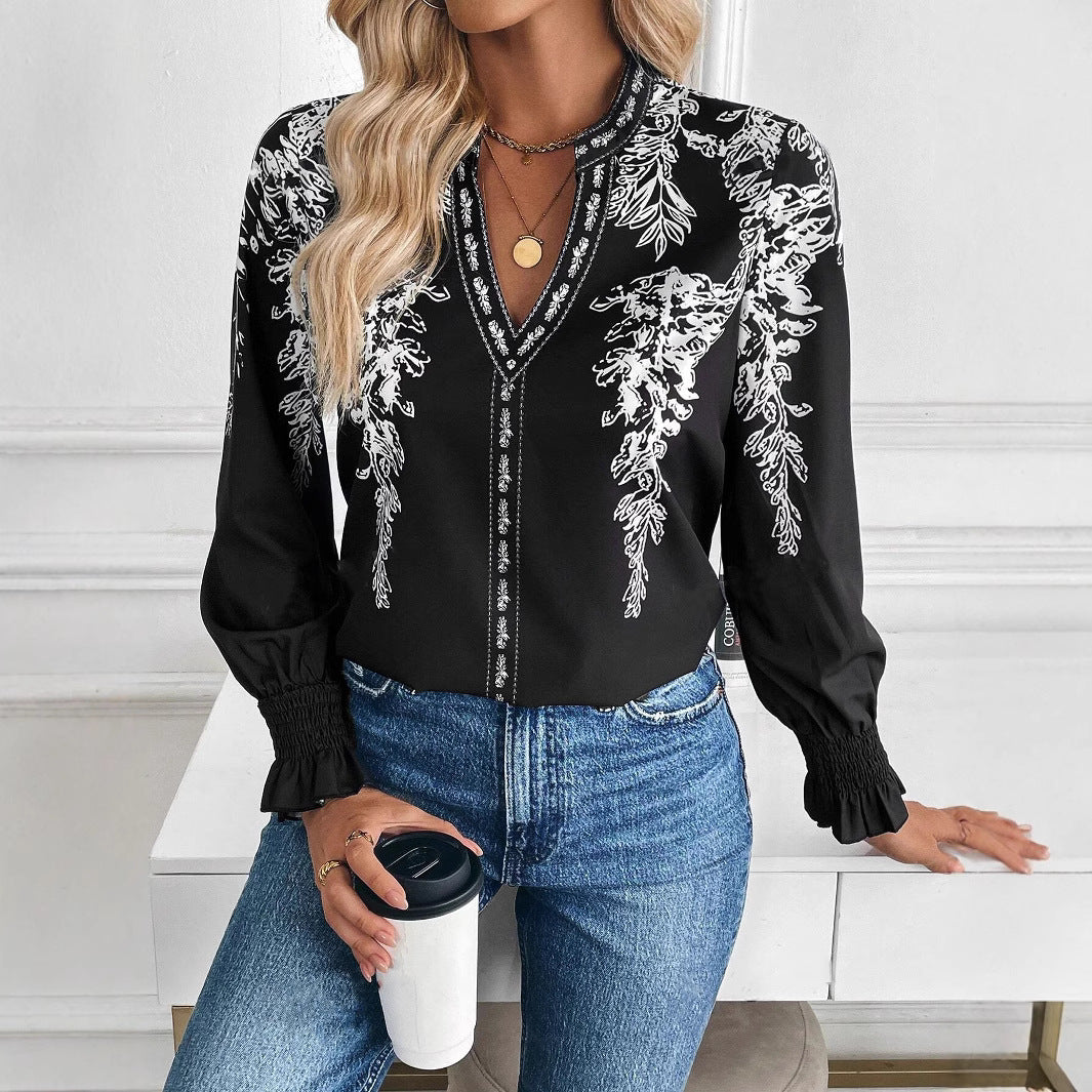 Womens Casual Long-sleeve V-neck Blouse