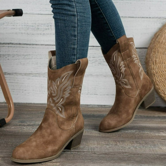 V Cut Embroidered Sleeve Thick Heel Middle Denim Women's Boots