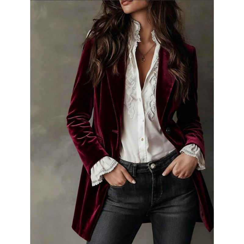 Womens Velvet Blazer With Long Sleeves For A Refined Look