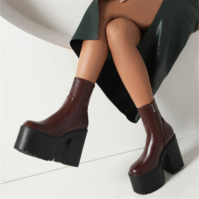 Women's Chunky Heel Round Toe Platform Booties