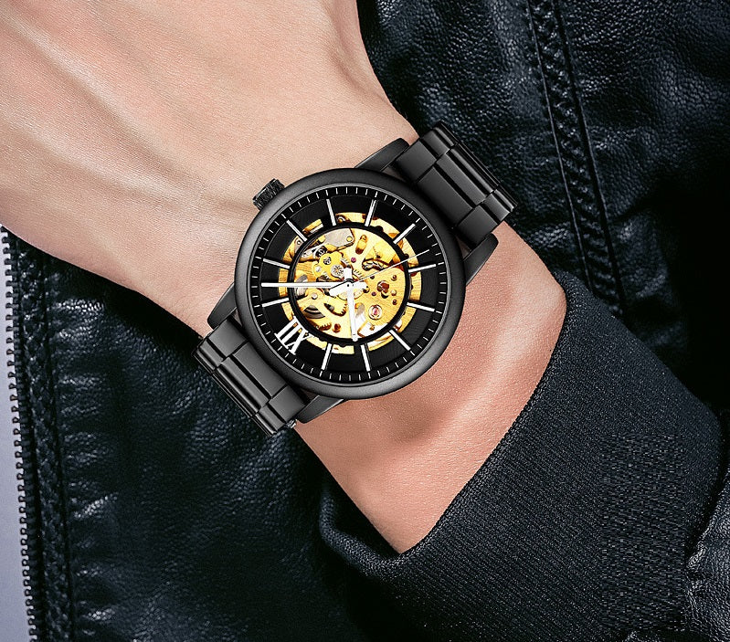 Through The Bottom Scale Men's Automatic Mechanical Watch Spiral Crown Steel Belt Business Mechanical