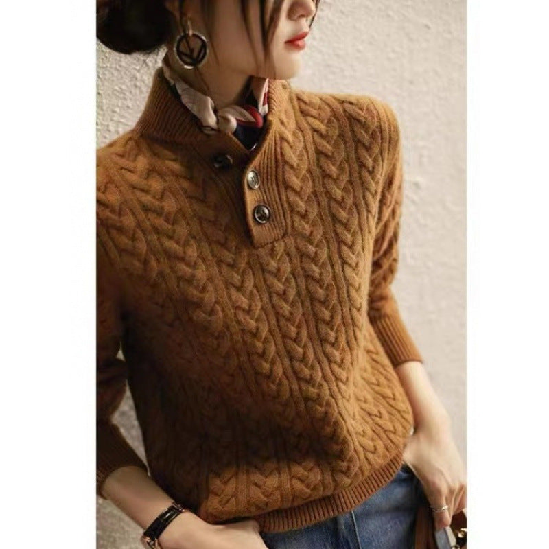 Baseball Collar Twisted String Textured Knitted Sweater For Women