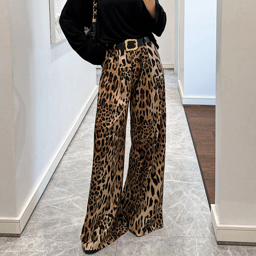 Stylish Casual And Chic Leopard-print Womens Retro Straight-leg Loose Pants