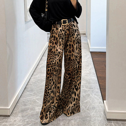 Stylish Casual And Chic Leopard-print Womens Retro Straight-leg Loose Pants