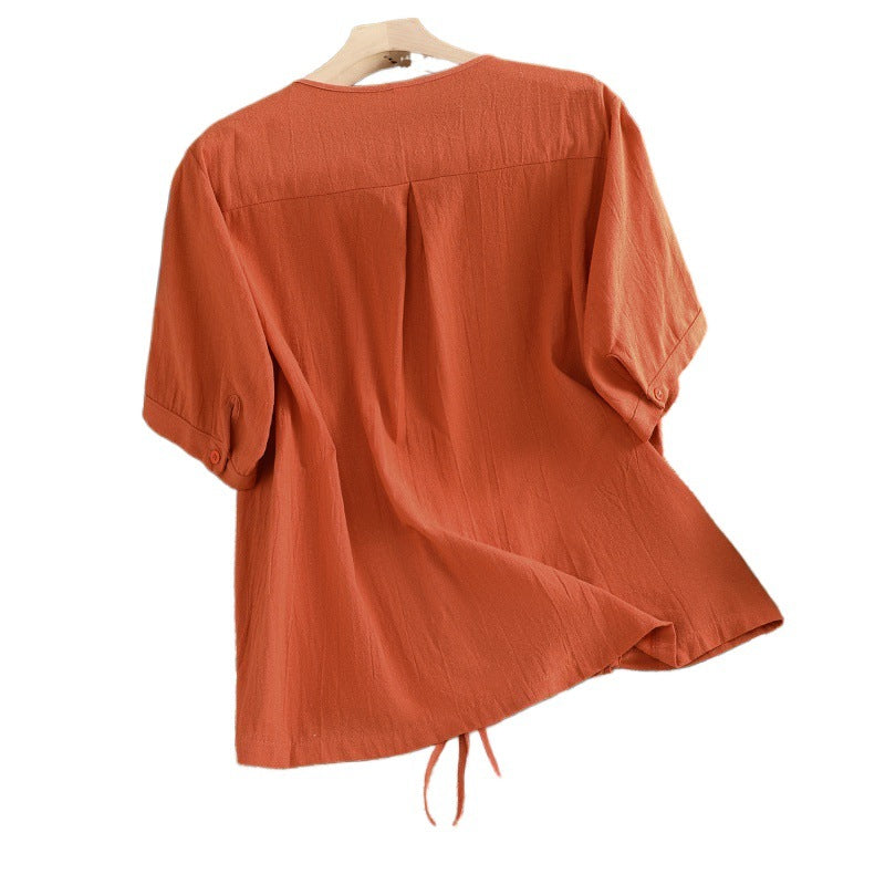 Womens Retro Drawstring Swing Sand-Washed Linen Top With A Crew Neck