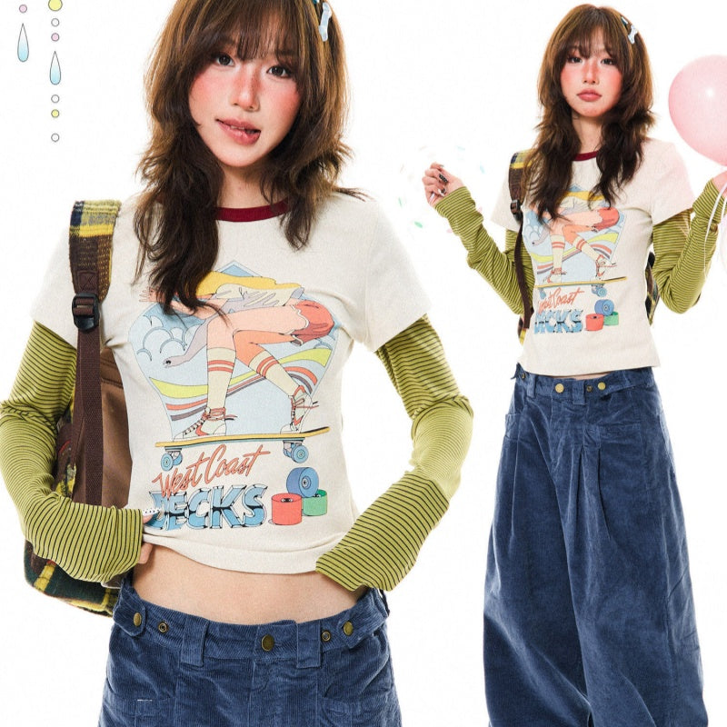 Cartoon-print Faux Two-piece Long-sleeve Top