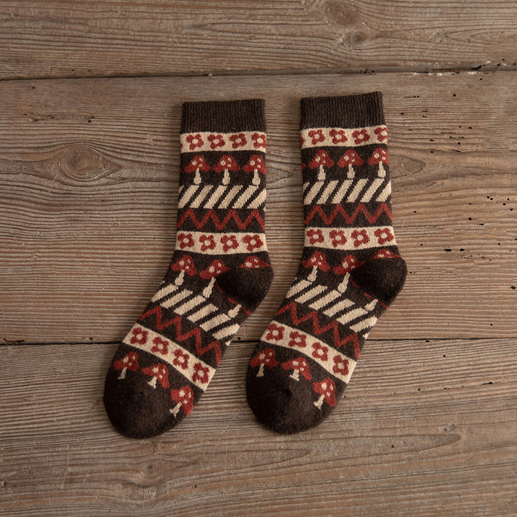 Medium Tube Thickened Brown Small Mushroom Wool Women's Socks