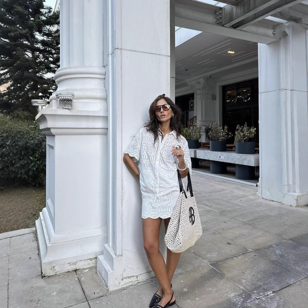 Womens White Short-Sleeve Shirt Lace Skirt Set For Women
