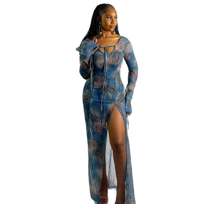 Elegant Long Sleeve V Neck Split Dress