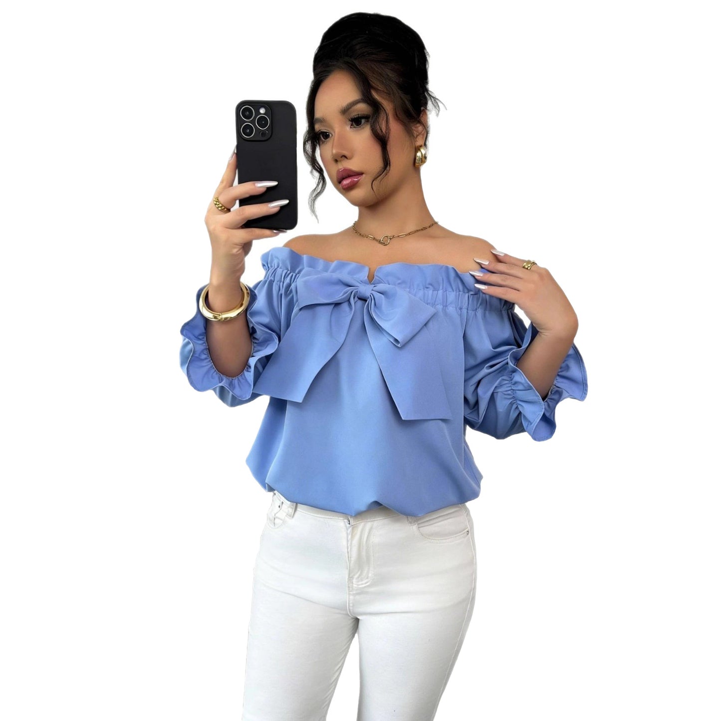 Womens Boat-neck Top With Ruffled Edges And A Bow Detail