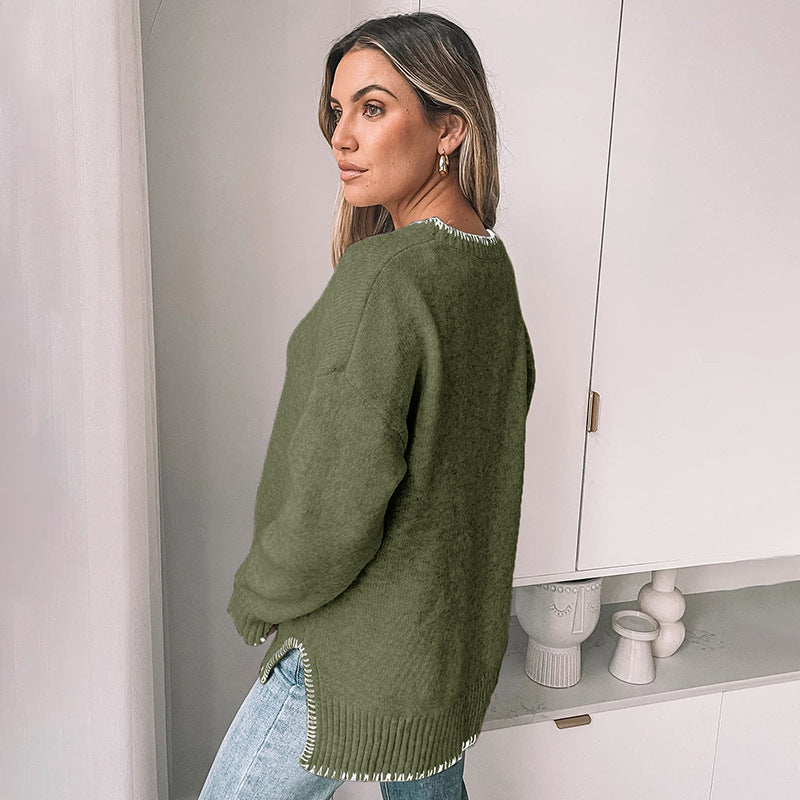 Simple Commute Leisure Pullover Trim Round Neck Knitted Sweater