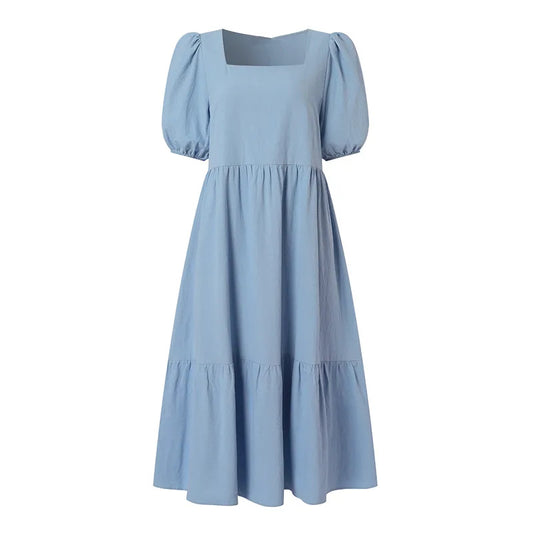 Halter-neck Pleated Short Sleeve Cotton-linen Dress