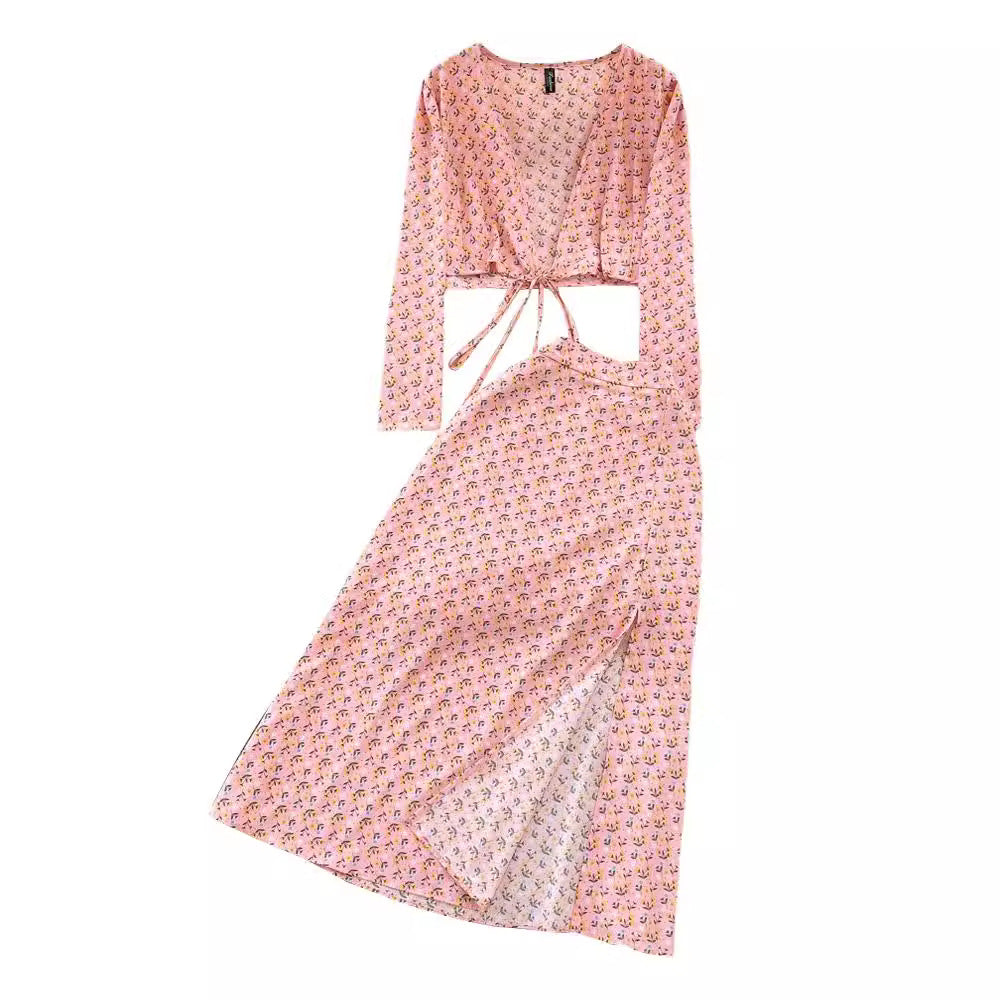 European And American-style Long-sleeve Deep V-neck Tie-up Top Two-piece Set