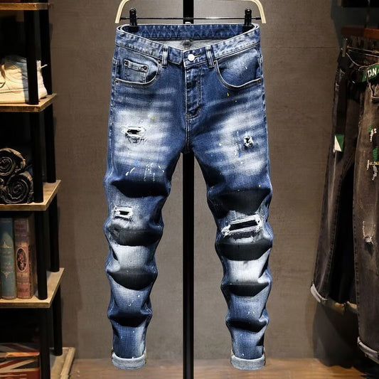 Nye efterårsmode-jeans til mænd med slidt look, alsidig slim-fit og stræk
