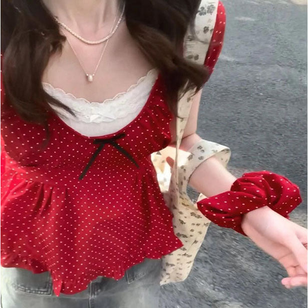 Women's Lace-up Top Sweet And Spicy Polka Dot Short Sleeve T-shirt