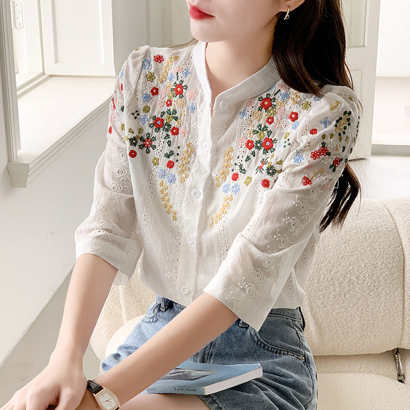 Women's Shirt Vintage Embroidered Jacquard Shirt Fresh Romantic Gentle Stand-up